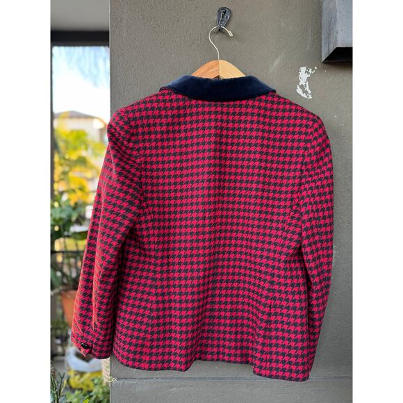 Vintage Rena Rowan Saville 14 Red Black Houndstooth Tweed Lambswool Wool Jacket - Picture 2 of 7